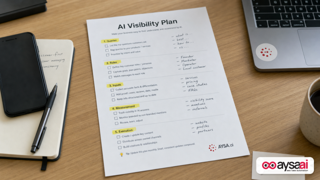 Checklist showing a structured plan for improving AI search visibility through roles and inputs.