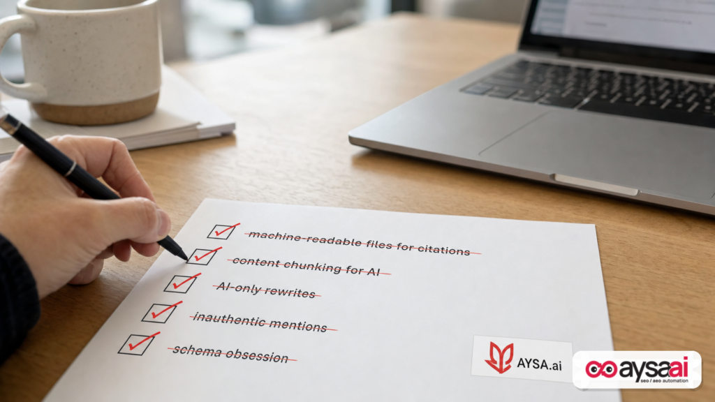 Checklist showing five debunked AI citation tactics marked as not recommended.