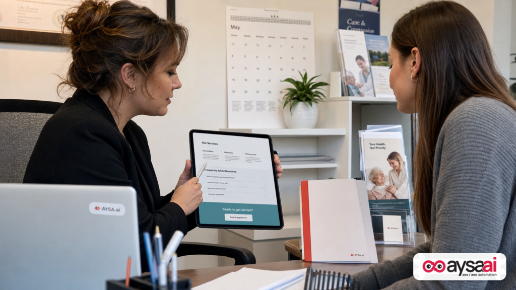 Clinic manager and marketer reviewing a services page draft with FAQs and an appointment call to action.