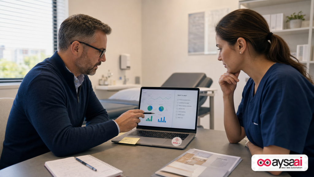 Clinic manager and marketer reviewing an actionable SEO plan tied to appointment growth