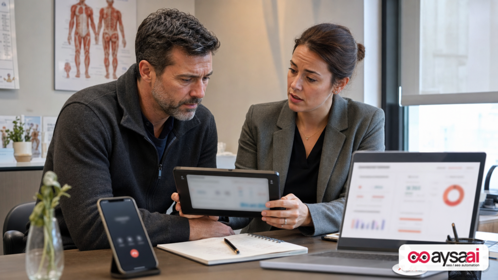 Clinic manager and marketer reviewing lead quality signals on devices with blurred screens.