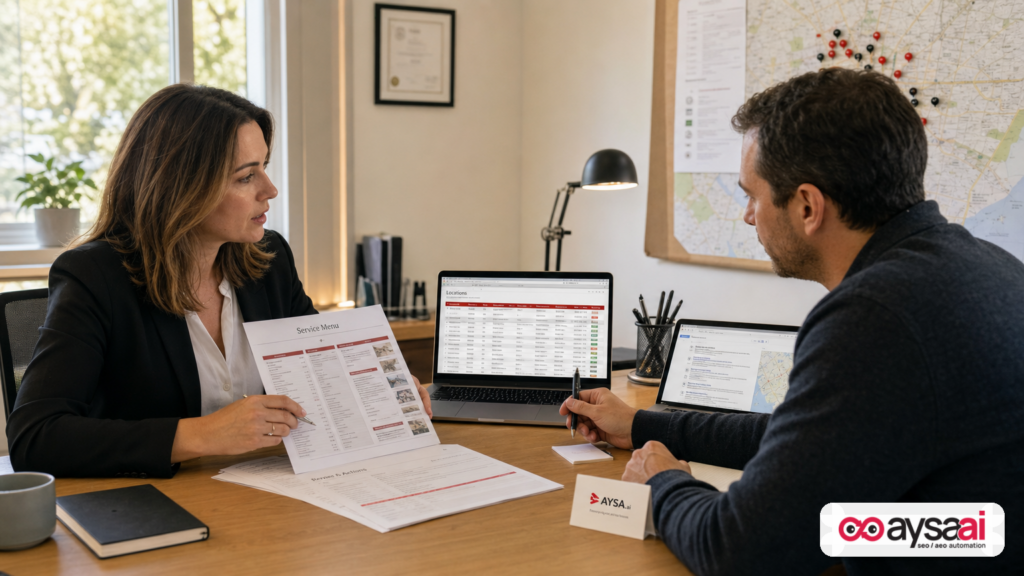 Clinic manager and marketer reviewing location service information to ensure consistent AI and search visibility.