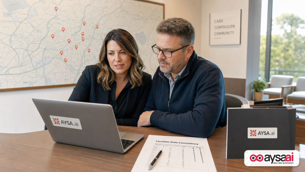 Clinic manager and marketer reviewing multi-location website information for consistency to improve AI search visibility.