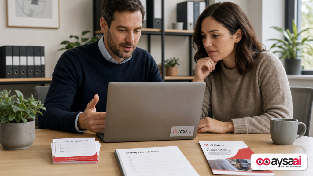 Clinic manager and marketer reviewing website and listings consistency checklist