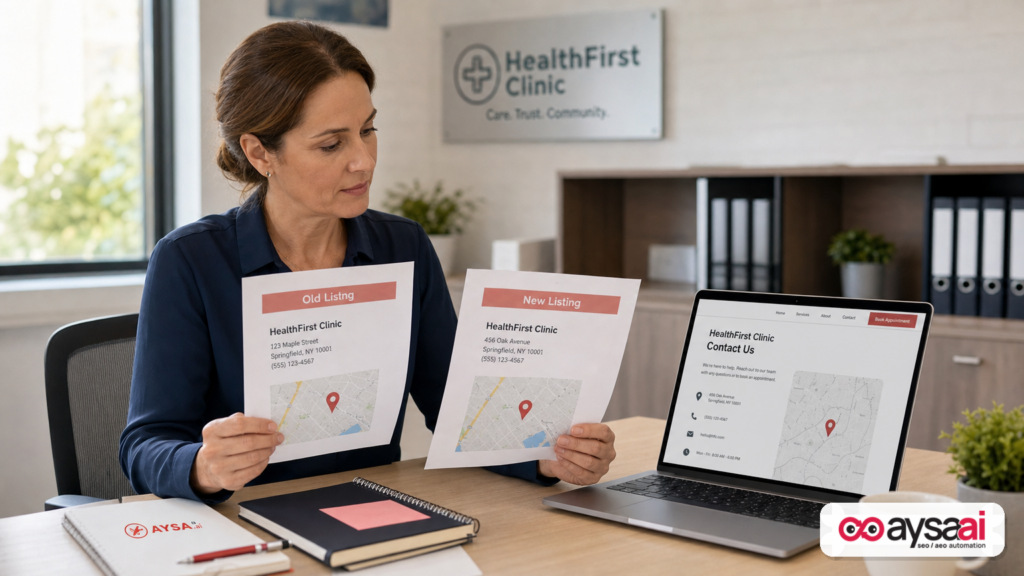 Clinic manager comparing inconsistent addresses across listings and the website.