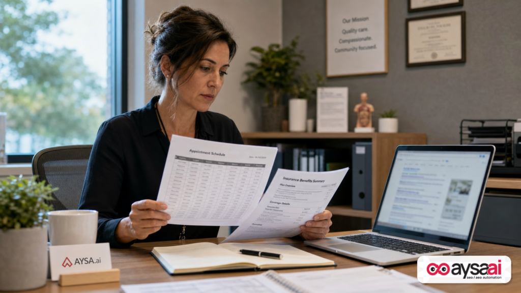 Clinic manager comparing private documents with information on a laptop during research.