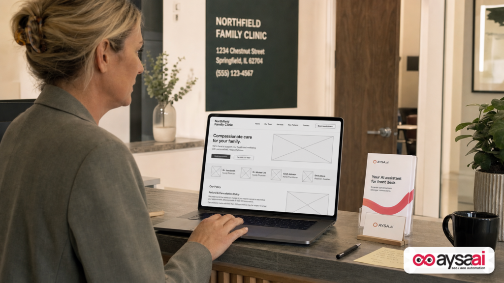 Clinic manager reviewing a landing page wireframe emphasizing clear identity, contact info, and policies.