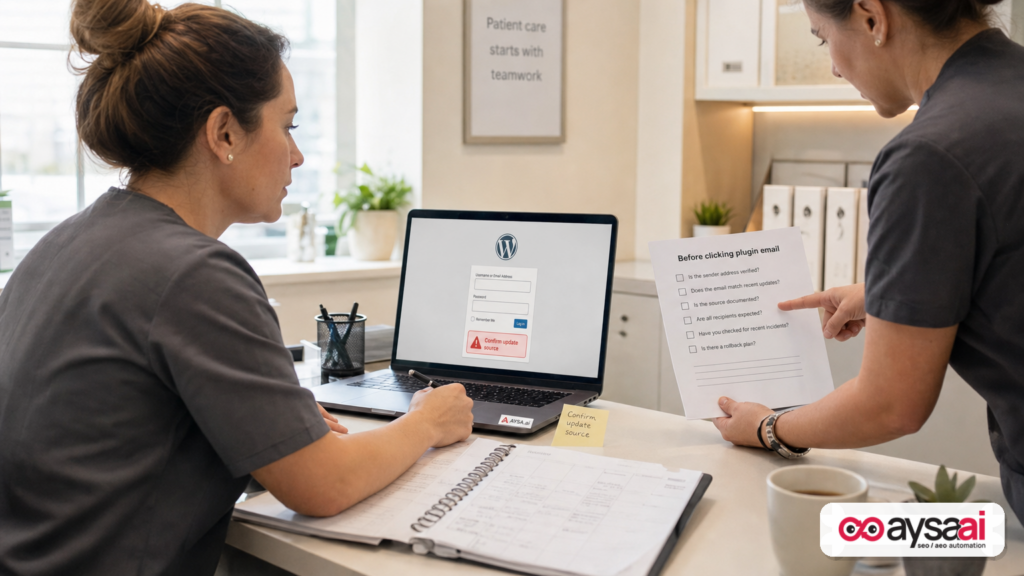 Clinic manager reviewing a plugin update checklist before logging into WordPress.