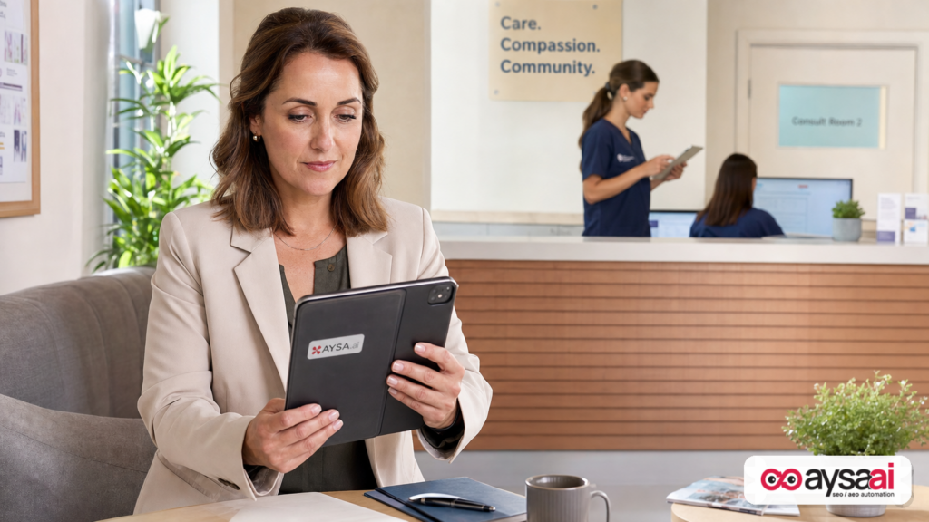Clinic manager reviewing a tablet with a weekly AI update summary related to patient questions.