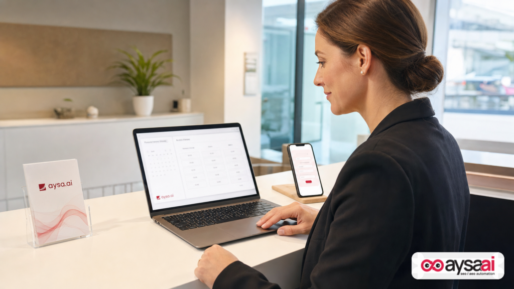 Clinic manager reviewing an online booking flow that an AI agent could navigate.