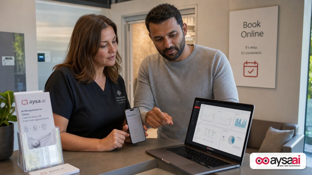 Clinic manager reviewing analytics and call volume while discussing search visibility changes.