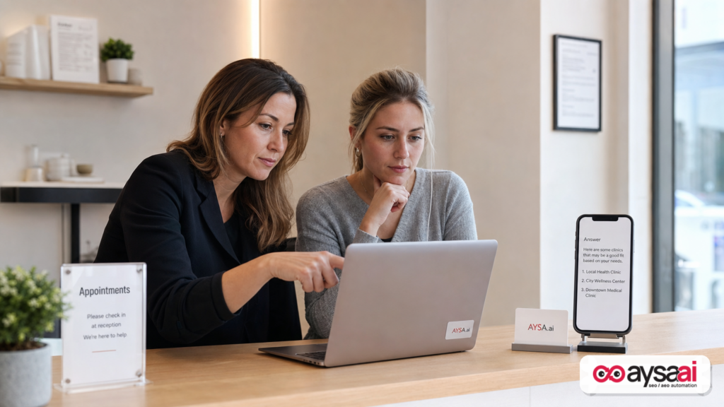 Clinic manager reviewing bookings while AI recommendations influence patient decisions off-site.