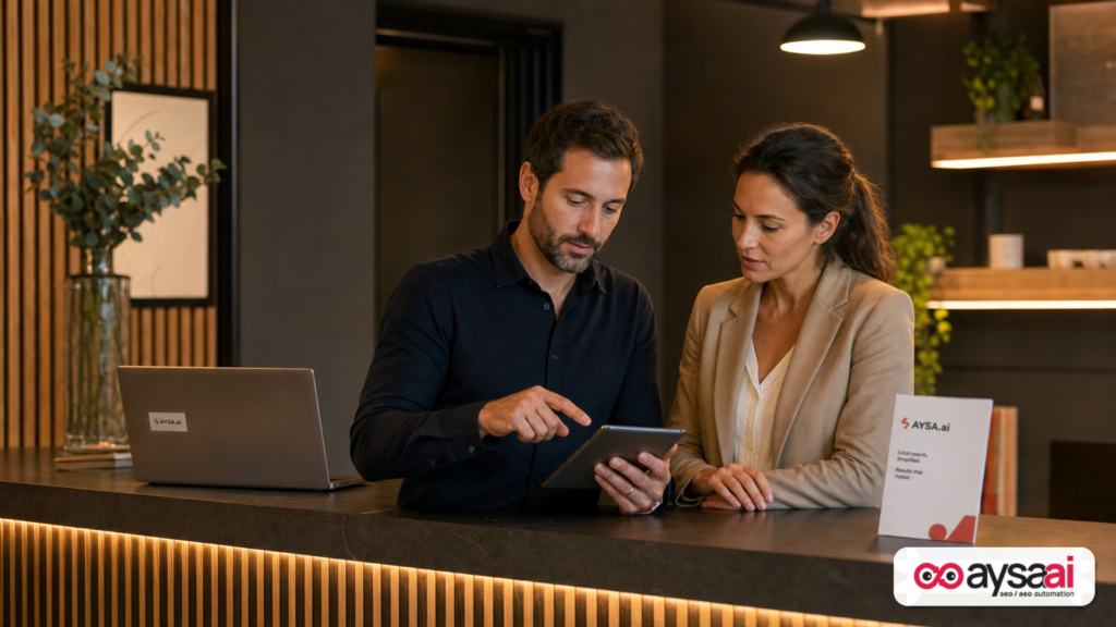 Clinic manager reviewing local search and AI visibility strategy with a marketer.