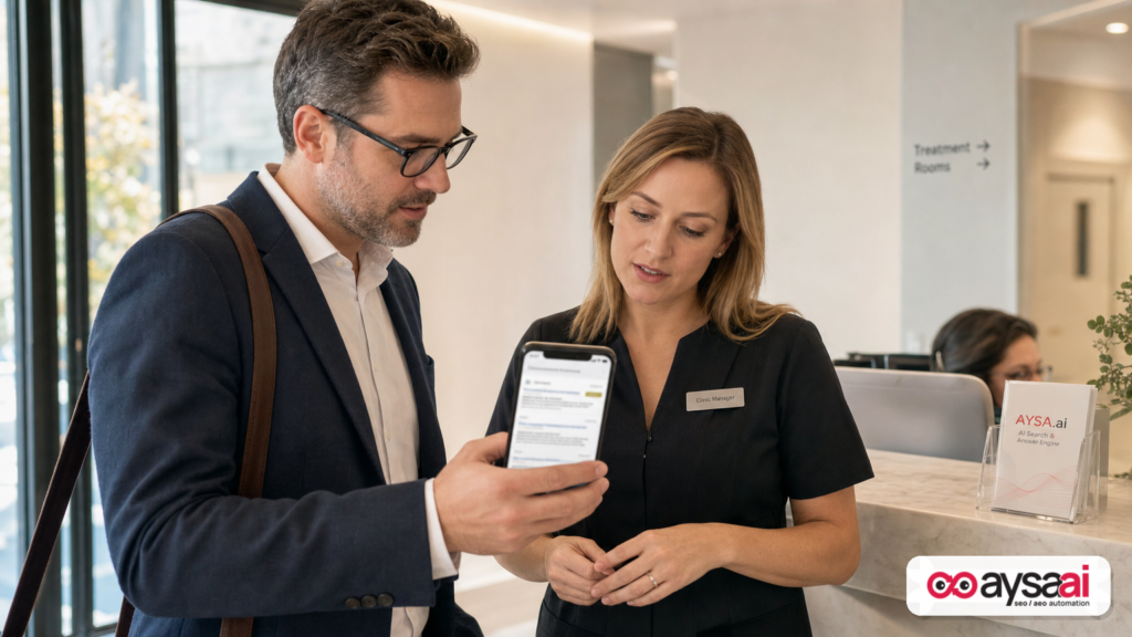 Clinic manager reviewing mobile search ads with a consultant at a reception desk