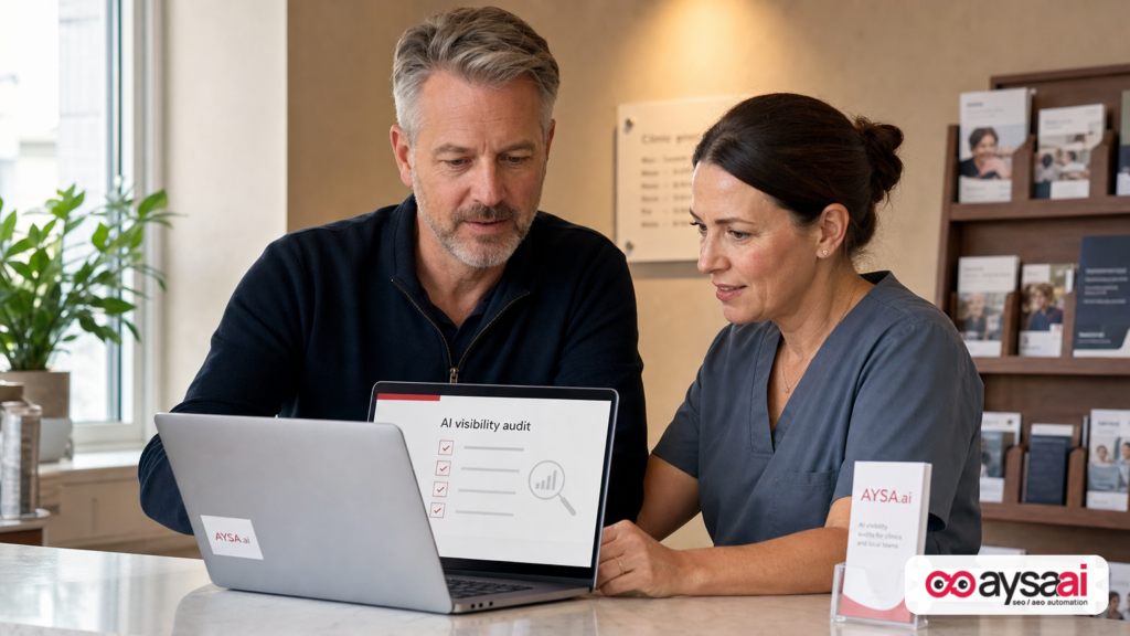 Clinic owner and manager reviewing an AI visibility audit checklist at the reception desk.