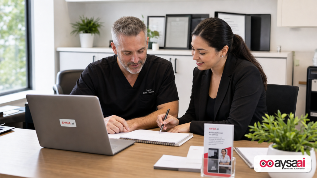 Clinic owner and manager reviewing marketing and appointment notes at a desk.