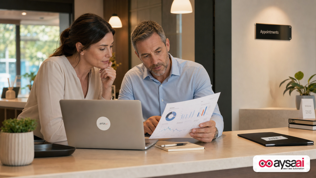 Clinic owner and manager reviewing website performance and appointment demand after hours