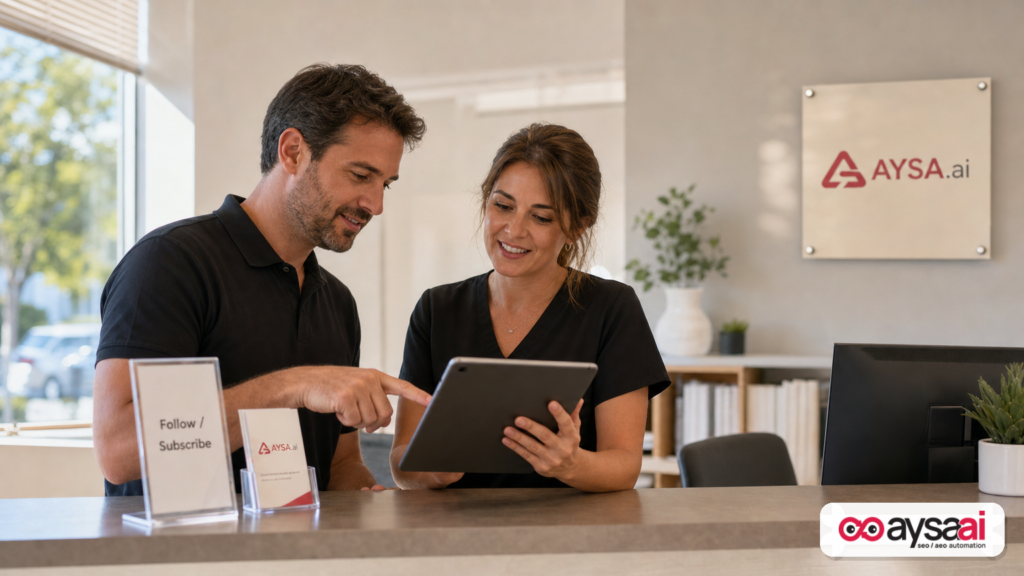 Clinic owner reviewing a retention checklist on a tablet to represent loyalty-first marketing for SMEs.