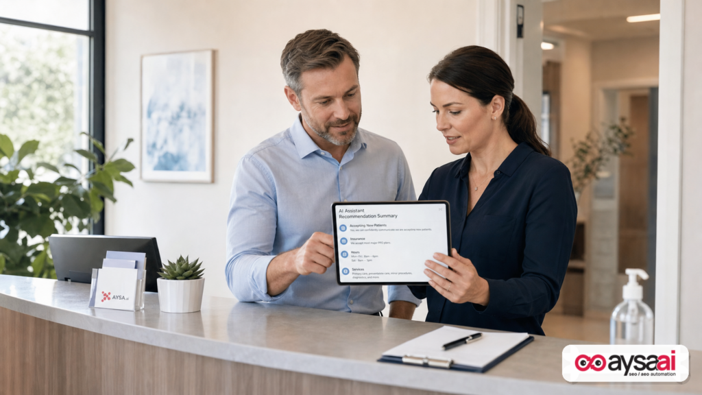 Clinic owner reviewing an AI assistant recommendation summary on a tablet in a reception area.