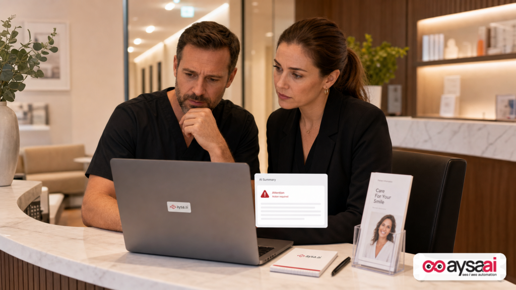Clinic owner reviewing an AI-generated warning about the business and planning next steps.