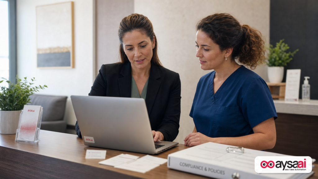 Clinic staff reviewing a draft service description on a laptop at the reception desk