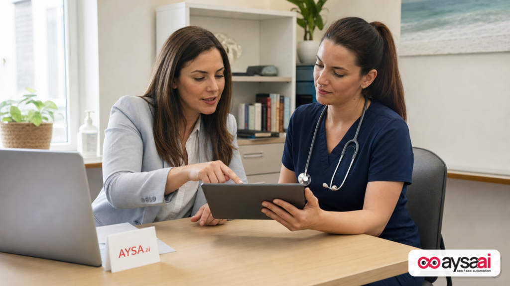 Clinic staff reviewing an article outline for patient FAQs and timely updates.
