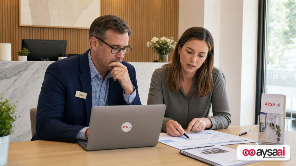 Clinic staff reviewing appointment bookings and marketing performance on a laptop at reception.
