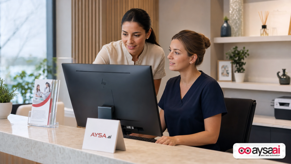 Clinic staff reviewing appointment requests as an example of AI-influenced patient acquisition.