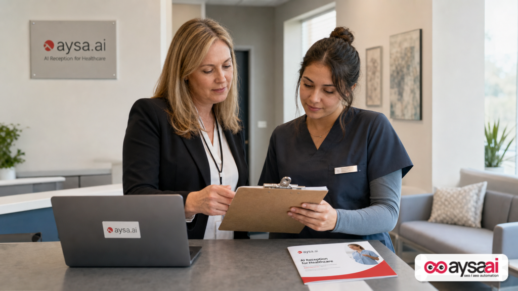 Clinic staff reviewing common patient questions that should be answered on the website.