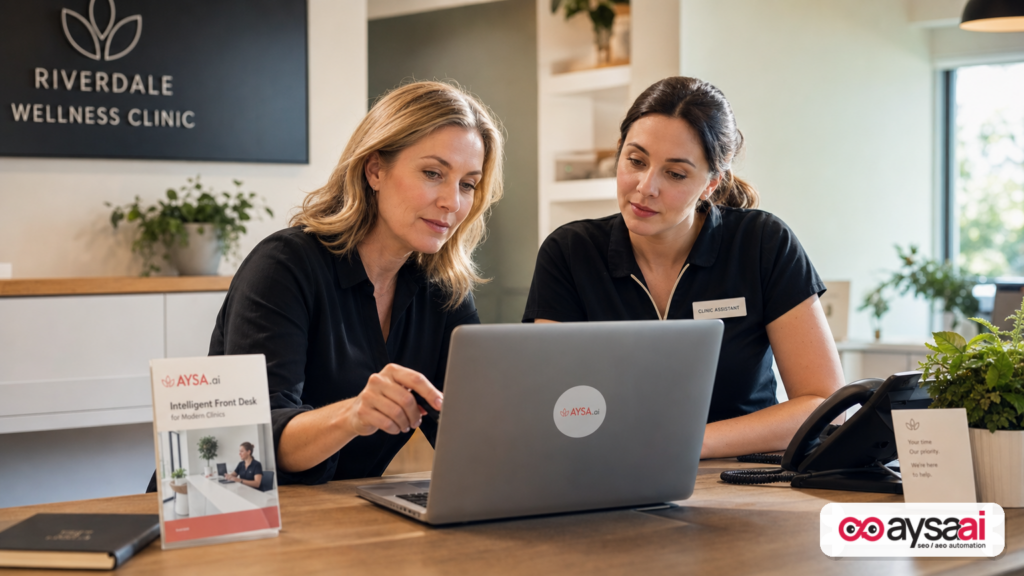 Clinic staff reviewing options in a chat assistant interface on a laptop.