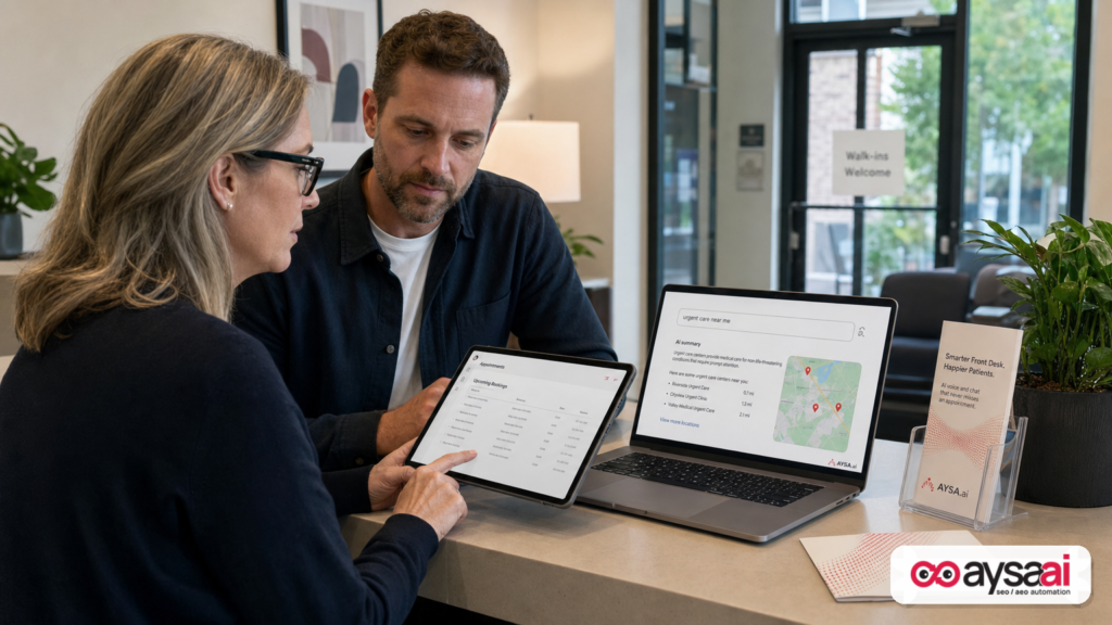 Clinic team reviewing bookings while looking at AI-style search results for a local query.