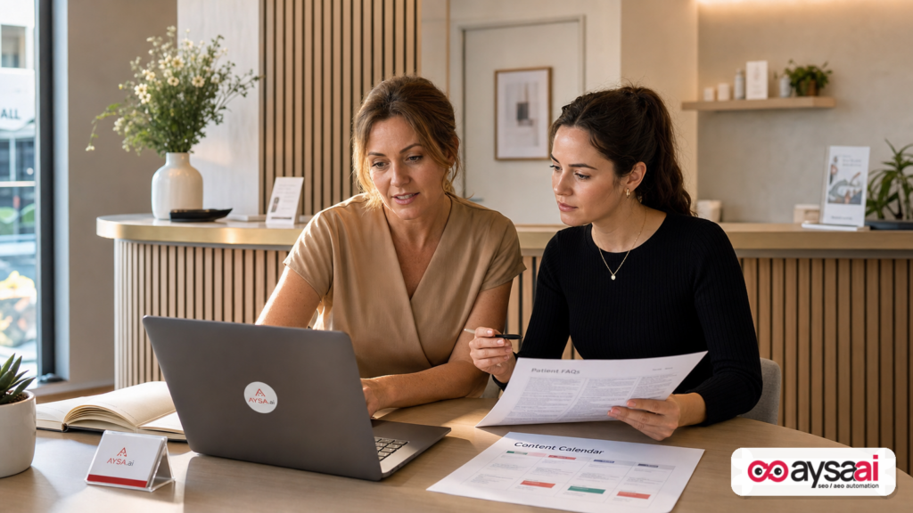 Clinic team reviewing patient FAQ content and a content calendar to improve AI search visibility.