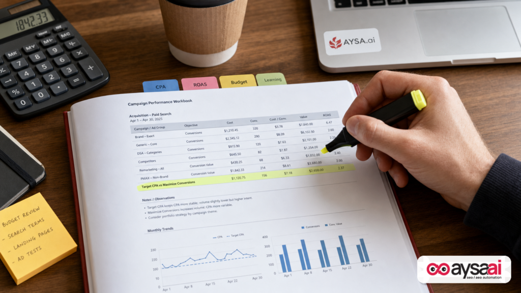 Close-up of a campaign reporting workbook highlighting Target CPA versus Maximize Conversions.
