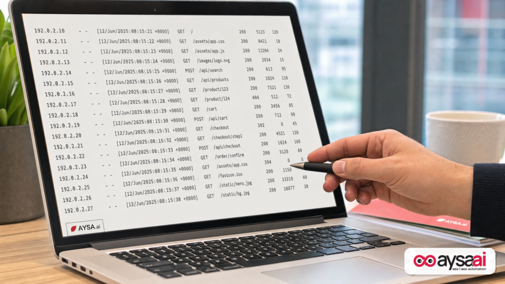 Close-up of a laptop showing anonymized server log entries with HTTP status codes and response times highlighted.