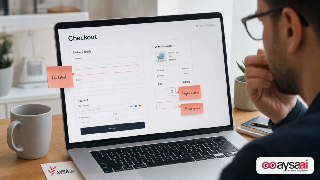 Common accessibility failures like unlabeled inputs and icon-only buttons that confuse AI agents