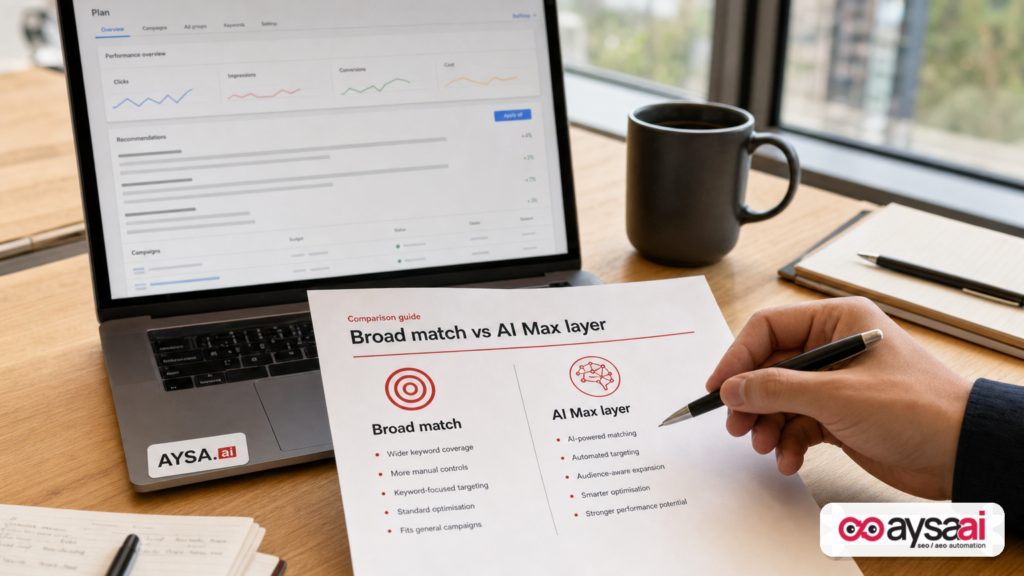Comparison sheet showing broad match versus an AI Max layer for ad eligibility.