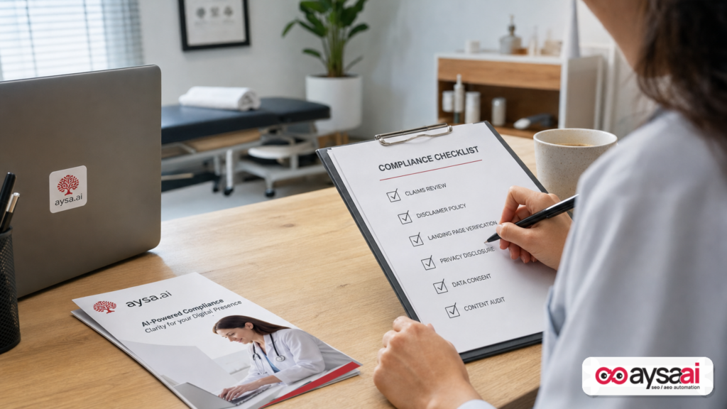 Compliance checklist next to a laptop in a clinic office, illustrating regulated advertising review.