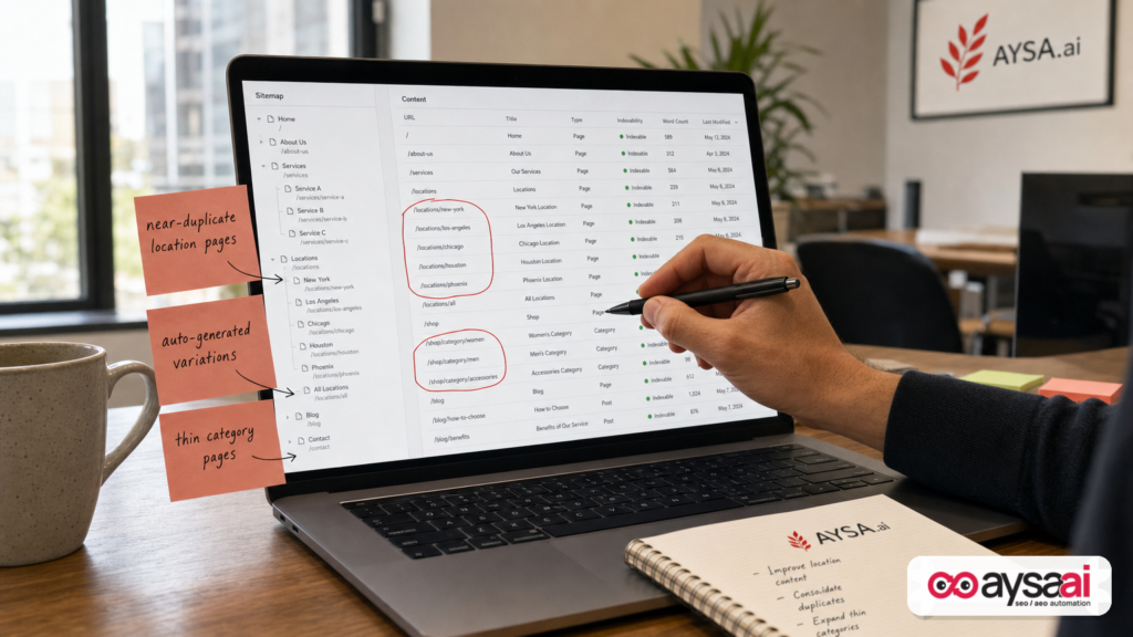 Content audit scene with a sitemap and notes highlighting duplicate and thin pages that can trigger spam signals.