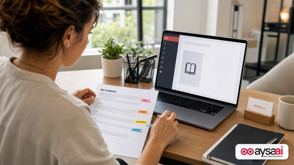 Content manager reviewing a site guidelines document next to a CMS menu illustrating a new knowledge section.