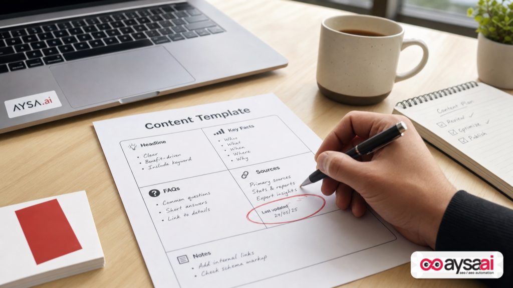 Content template on a desk emphasizing sources and last-updated fields for rapid publishing workflows.