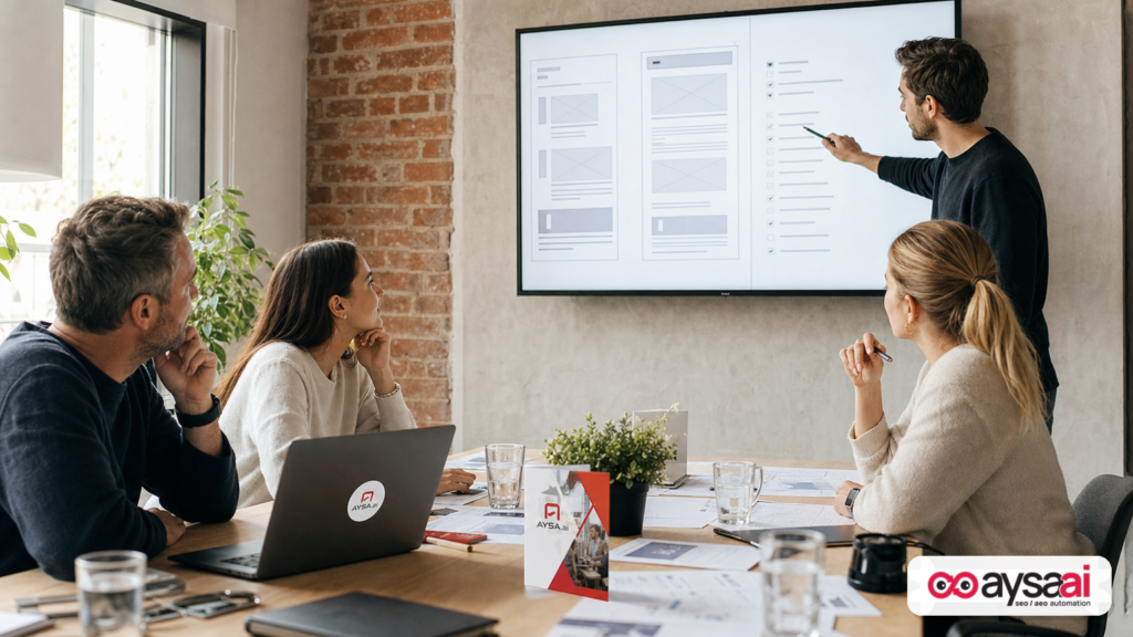 Cross-functional team reviewing wireframes and a technical checklist during a website redesign meeting.