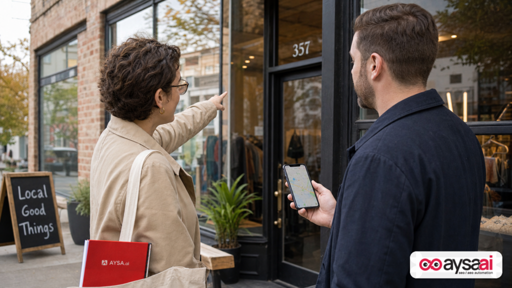 Customer using a phone map near a storefront to illustrate distance, relevance, and prominence in local search.