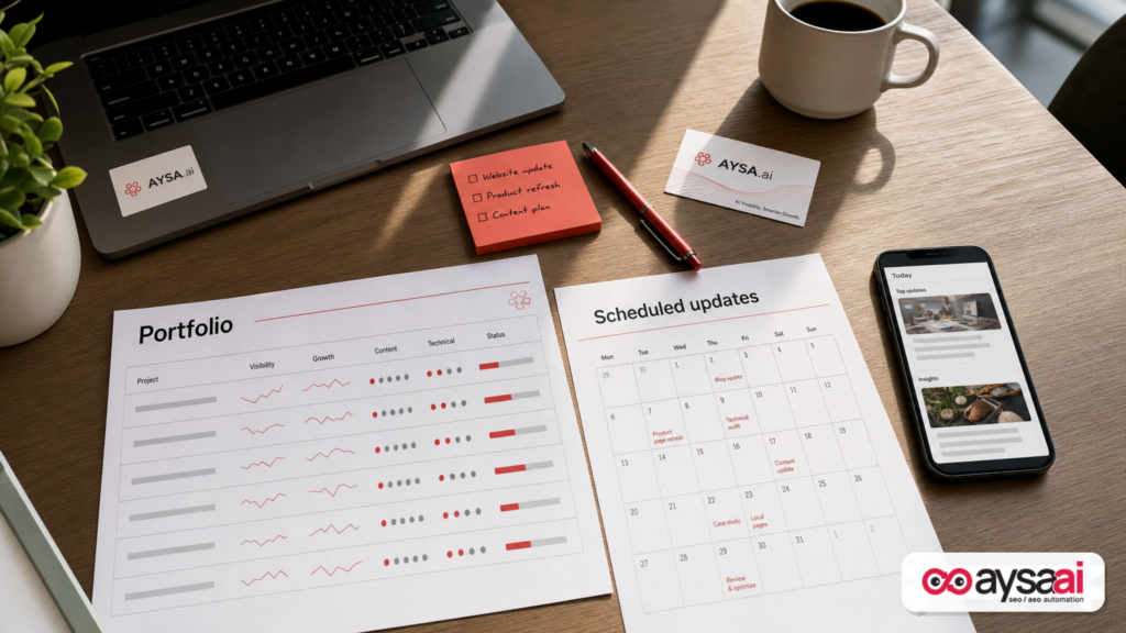 Desk layout representing portfolio tracking, scheduled updates, and a finance app on mobile.