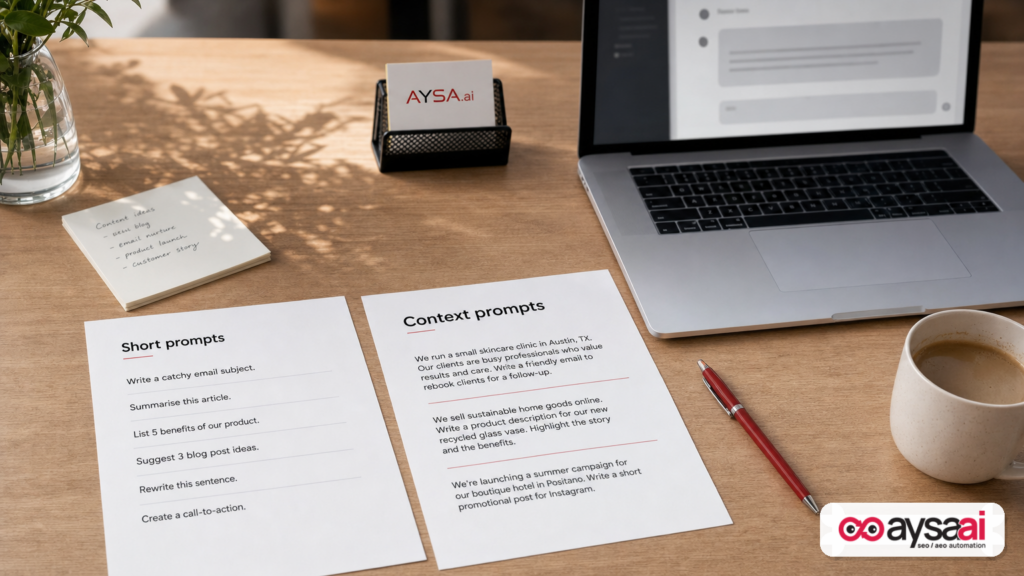 Desk layout showing short AI search-style prompts versus longer context-rich prompts with an AYSA.ai card.