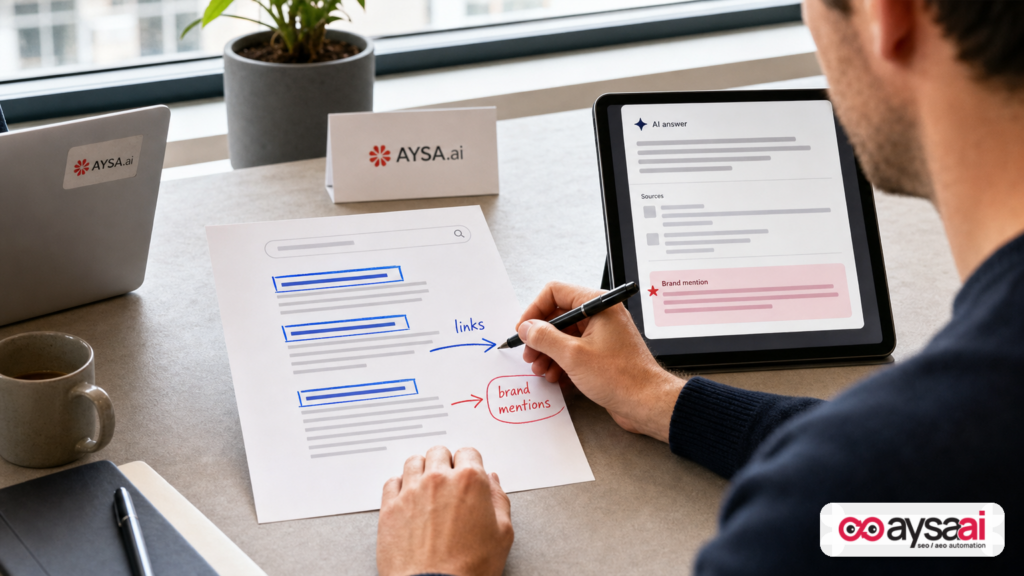 Desk scene comparing classic blue-link search results with an AI summary card highlighting a brand mention.
