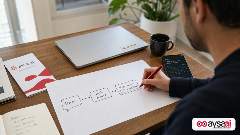 Desk scene illustrating a zero-click search journey from query to action without a website visit.
