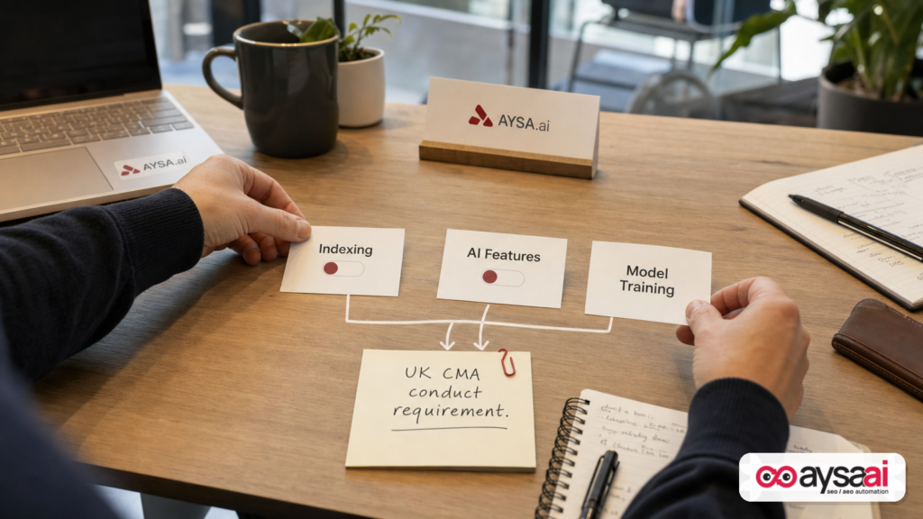 Desk scene illustrating separate controls for indexing, AI search features, and model training.