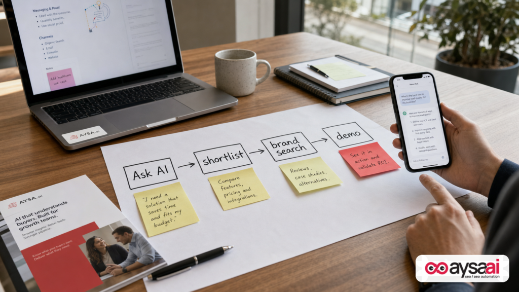 Desk scene showing a buyer journey map from AI discovery to branded search and conversion.