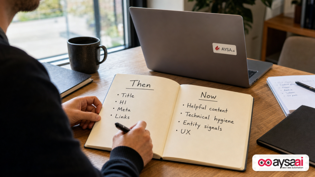 Desk scene showing a then-versus-now SEO checklist comparison