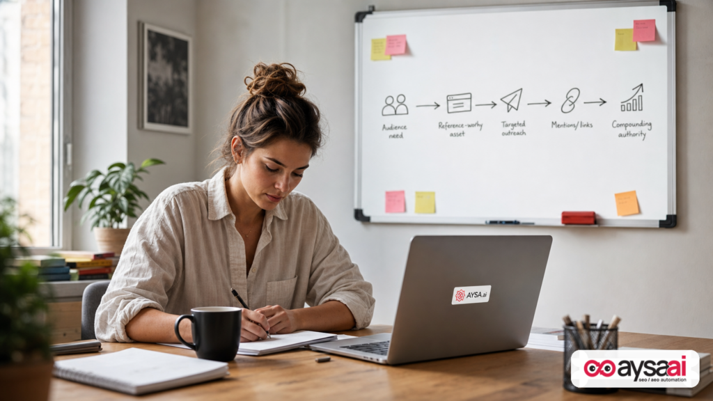 Desk scene showing a workflow that connects content creation, outreach, and earned links for compounding authority.